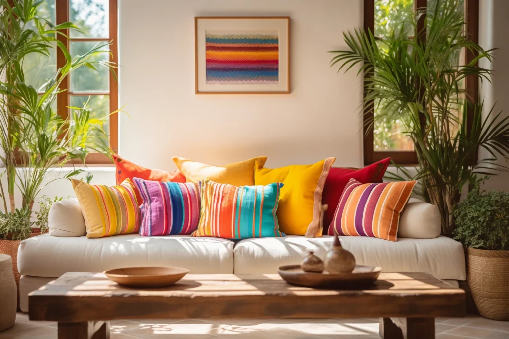 decoración de terrazas cojines de diversos colores